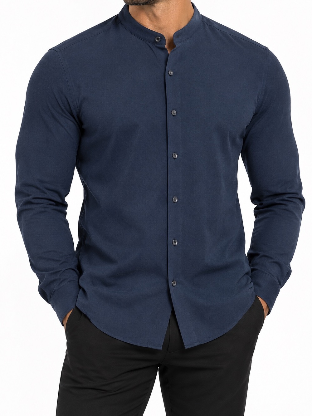 Zara Shirt XL Blue Slim Fit Mandarin Collar Smart Casual Minimalist Muscle Mens